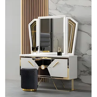 Gold-Weißer Schminktisch Exklusiver Frisiertisch Schlafzimmer Möbel