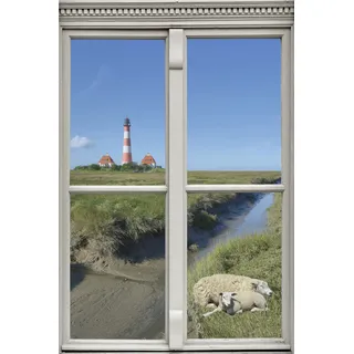Queence "Schafe und Leuchtturm", Wandsticker, Wandbild, selbstklebend, 3D, Fenster,