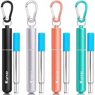 Kynup 4 Stück Strohhalme Wiederverwendbar, Trinkhalme Edelstahl, Metall Strohhalm mit Strohkiste, Schlüsselanhänger, Reinigungsbürsten, Silikonstücke Schwarz+Silber+Roségold+Türkis