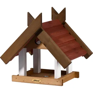 dobar® Green Label Großes Vogelhaus Herbstfrüchte für Ständermontage - Futterstation für Wildvögel mit großem Futtertablett - Wildvogelfutterplatz - 36 x 28,5 x 33,5 cm - Braun/Rot/Weiß