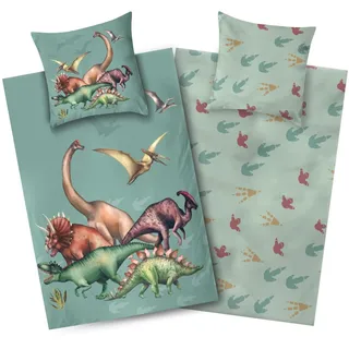 Aminata kids Dino Bettwäsche 135x200 Jungen Baumwolle Dinosaurier-Dino-Motiv Kinder-Bettwäsche-Wende-Set T-Rex | mit Reißverschluss grün - 2tlg