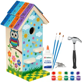 ITA DIY Nistkasten zum Zusammenbauen und Bemalen Skyhaven, Vogelhaus Bastelset für Kinder ab 7 Jahren, mit Hammer, Nägeln, Farben, 3 Pinseln & Schleifpapier, FSC®-zertifiziertes Holz