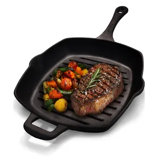 Chefarone Gusseisen Grillpfanne 25,5 cm – Bratpfanne & Servierpfanne emailliert mit Ausgießnasen – Steakpfanne für Kochliebhaber, geeignet für Induktion, Gas, Ceran & Backofen