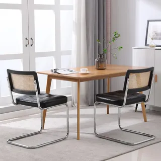 MODFU Esszimmerstühle-set Küchenstuhl mit 2-Rattan Stühle,Polstersessel mit armloser Mesh-Rückenlehne,Loungesessel Bürostuhl mit Komfortkissen,Schwarz - Schwarz