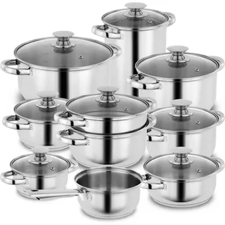 Kopf Topfset Janina, Edelstahl, Induktion, 19-teilig , Metall , Rund , breiter Schüttrand , Kochgeschirr, Töpfe, Topfsets