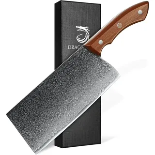 DRAGON RIOT Hackmesser Scharfes, Damastmesser Küchenbeil, Chinesisches Kochmesser 19cm, Profi Küchenmesser Damast, Hackbeil Messer mit Geschenkbox
