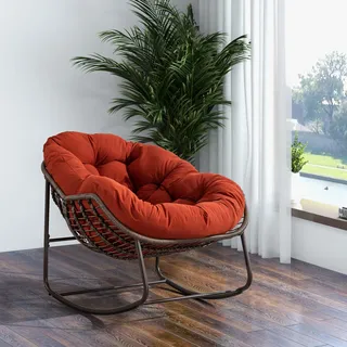 Sweiko Outdoor Rattan Schaukelstuhl, gepolsterte Kissen Rocker Recliner Stuhl im Freien für Veranda, Wohnzimmer, Terrasse, Garten, Orange - Orange
