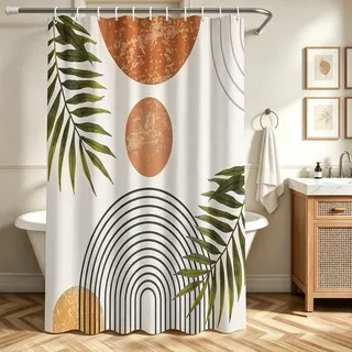 Lerores Duschvorhang 200x160cm Blätter Linie, Beschwerter Saum Antischimmel Textil, Wasserabweisend, Waschbar Polyester Stoff Badevorhänge mit 12 Ösen und Duschvorhangringe für Badezimmer, Badewanne