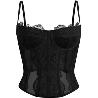 Dealmore Damen Sommer Spitze Bustier Mesh Sexy Vintage Spaghettiträger Offener Rücken Korsett Ausgehen Party Crop Top, Schwarz, X-Large