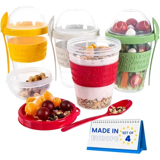 spar-home® 4er Set Joghurtbecher To Go 600ml –Müslibecher To Go mit Löffel Müsli To Go Becher mit Deckel für Joghurt Müsli Essen im Unterwegs Büro Schule (4er Set)