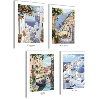 mojoliving Bilder Set Mykonos Santorini Amalfi Venedig Poster Griechenland Wandbilder Italien Aesthetic Poster Retro Wanddeko Wohnzimmer Bilder Badezimmer