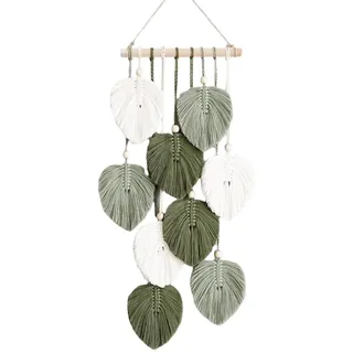BaiDekun Makramee Wandteppich Boho Deko Handgemachter Wandbehang mit Holzperlen & Grünen Blättern,Wanddeko Baumwollseil Tapisserie Blatt Feder,perfekt für Schlafzimmer, Wohnzimmer Wanddekoration.