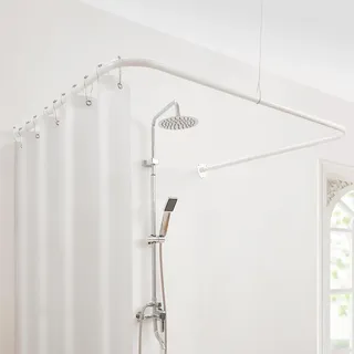 Duschvorhangstange U Form, Duschstange Ecke mit 12 Vorhangringen & Deckenstütze für Badewanne/Badezimmer, Bohr-Montage Erforderlich [Both Sides: 60cm - 132cm, Mitte: 78cm - 118cm] (Weiß)
