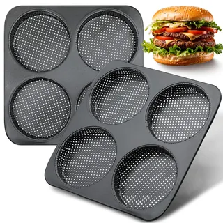 webake Burger Buns Backform 12 cm 2 Stück Brötchenblech Karbonstahl | 4-Fach Burger Brötchen Blech brötchenblech backofen Brot Backform für Burger, Brötchen, Windbeutel, Törtchen