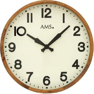 AMS 9535 Wanduhr Quarz analog Holz Holzrahmen massiv antik creme farben mit Glas - Beige