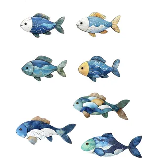Kisstta 4 Stück Wand Deko Holz Fisch Set, Blau Holzfisch Badezimmer Deko, Klebende Maritime Strand Wanddeko Holz für Wohnzimmer, Schlafzimmer, Ferienhaus (Blau 3)