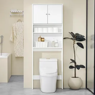 SoBuy Waschmaschinenschrank Badschrank Hochregal Badezimmer Schrank mit Fächern 3-stufig höhenverstellbar für Stauraum über WC Waschmaschine BZR165-W - Weiß