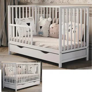 Babybett Magda 60x120 cm – weiß, mit Schutzgitter, Schublade und Schaumstoffmatratze