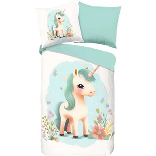 Good Morning Kinderbettwäsche One Flanell Petrol Größe 1x 135x200 + 1* 80x80 cm - unicorns - Bunt
