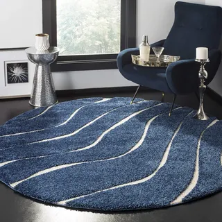 SAFAVIEH Zottelig Teppich für Wohnzimmer, Esszimmer, Schlafzimmer - Florida Shag Collection, Hoher Flor, Dunkelblau und Creme, 122 X 122 cm