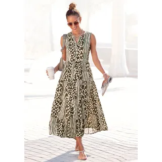 Maxikleid LASCANA "mit Animalprint und kurzer Knopfleiste", Damen, Gr. 36, N-Gr, grün (grün, taupe, bedruckt), Web, Obermaterial: 100% Viskose, bedruckt, figurumspielend lang, Rundhals, Kleider Maxikleid, Elegantes Sommerkleid aus Webware, Strandkleid,Druckkleid, Tunikakleid, Topseller