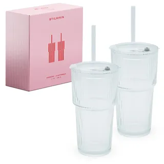 2er Set Glasbecher mit Deckel & Strohhalm | 600 ml geriffeltes dickwandiges Glas | Eiskaffee- & Smoothie-Gläser | inkl. 2 Strohhalme & Reinigungsbürste | Spülmaschinengeeignet | wasserdicht