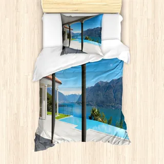 ABAKUHAUS Italienisch Mantele, Lago Maggiore Alpen Blick, Milbensicher Allergiker geeignet mit Kissenbezügen, 135 cm x 200 cm - 80 x 80 cm, Türkis Grau und Weiß