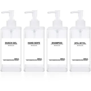 4er Seifenspender Set 300ml Seifenspender Dusche, Kunststoff Nachfüllbare Pumpspender mit Trichter Wasserdichten Etiketten Vintage Shampoo Flaschen zum Befüllen für Küche Badezimmer Bad Transparente