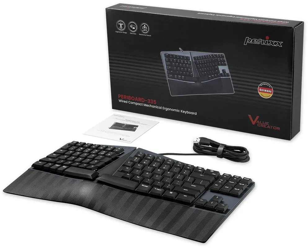 Bild von PERIBOARD-335 DE, Kabelgebundene ergonomische mechanische Tastatur – Low-Profile Blue Clicky Switches – Programmierbare Funktion – Kompatibel mit Windows und Mac OS X – Deutsch QWERTZ