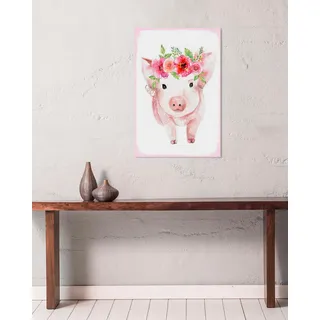 queence Metallbild »Ganja«, Blumen-Schwein-Tiere, (1 St.), Stahlschild, Blechschild, Schwein, niedlich, Wanddeko, Blumenkranz, weiß