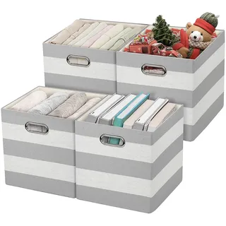 Posprica 3 x dickere Aufbewahrungskörbe, Aufbewahrungswürfel, 28 x 28 cm, zusammenklappbare Aufbewahrungsboxen, Behälter, Organisationskörbe für Kinderzimmer, Büro, Schrank, Regal, grau-weiß gestreift
