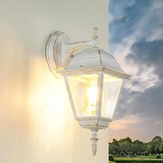 Wandlaterne außen Aluminium Glas E27 IP44 H: 34,5 cm in Weiß Gold Rustikal Wandleuchte aussen Hoflampe Gartenleuchte