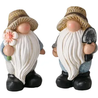 Gartenwichtel 2er Set Gartenfigur Höhe 15cm Sommerwichtel Mit Spaten und Blumen aus Keramik Dekofigur Gartenzwerg