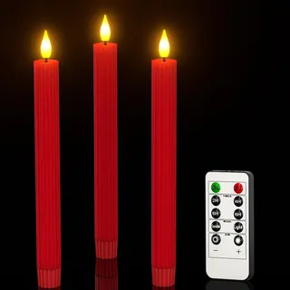 PChero Rot LED Stabkerzen mit Fernbedienung, 3 Stück Echtwachs Flackernde Flammenlose Batteriebetrieben Kerzen für Halloween Xmas Party Dekoration – Warmweiß