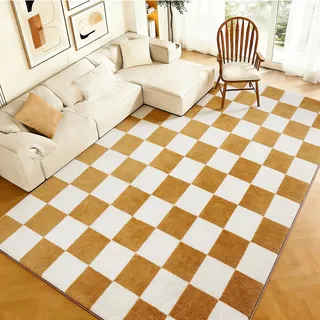 Puremy WohnzimmerTeppich Mit Karomuster 140x200cm, Weicher Kurzflor, Pflegeleicht, rutschfeste Rückseite, Modernes Design, für Eingang, Küche, Wohnzimmer, Schlafzimmer, Kinderzimmer, Beige und Gelb