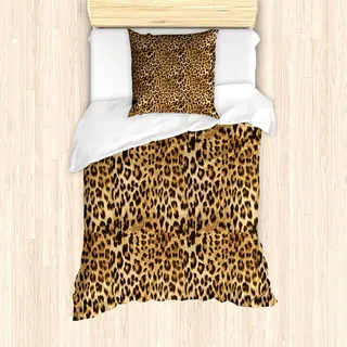 ABAKUHAUS Braun Bettbezug Set, Leopard-Druck-Tierhaut-Digital druckte wilde afrikanische Safari-Themed beschmutzte Muster-Kunst, 135 x 200 cm + 80 x 80 cm, Braun - Braun