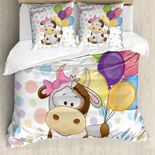 ABAKUHAUS Geburtstag Bettbezug, Baby-Kuh und Ballone, Milbensicher Allergiker geeignet mit Kissenbezügen, 200 cm x 200 cm - 80 x 80 cm, Mehrfarbig