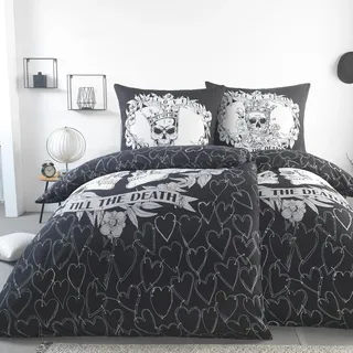 BaSaTex Microfaser Partner Bettwäsche mit Wendemotiv | 2X 135x200 Bettbezug + 2X 80x80 Kissenbezug | Mikrofaser Bettwäsche Set 4 teilig für Paare | Design: Till The Death Dark