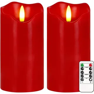 Justup Flammenlose LED-Kerzen, Set von 2 Flackernde LED Kerzen mit Fernbedienung und Timer, Dimmbare Säulen Kerzen Batterie betrieben, Rote Kerzen für Home Winter Christmas Dekor (Rot)