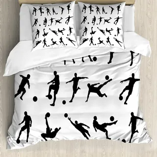 ABAKUHAUS Fußball Bettbezug Set, Fußball-Spieler-Silhouetten Torhüter Striker Shooting Heading Volleying Saving, 155 x 220 cm + 80 x 80 cm, Weiß Schwarz