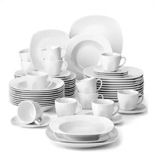 MALACASA Elisa Geschirrset 12 Personen, 60-tlg. Porzellan mit Kaffeetassen | 24,8 cm Speiseteller, 19 cm Dessertteller, 21,3 cm Suppenteller, stapelbar, platzsparend, spülmaschinenfest, Familienessen
