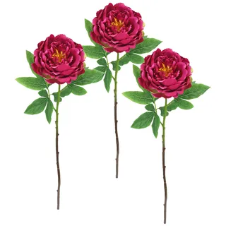 Flair Flower Kunstblume Päonie Bauernrose Pfingstrosen Zweig Einzelblume Stielblume Floristik künstliche Blumen Beiwerk für künstliche Blumen-Sträuße und Bouquets Dekoblume, 3er Set, dunkelrosa