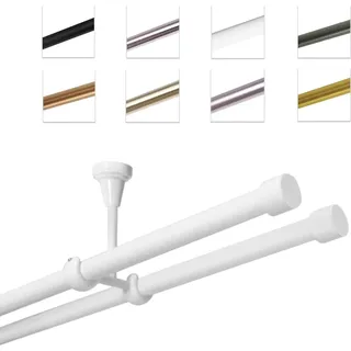 MDEKOR Gardinenstange Vorhangstange 19 mm mit Endkappen, einfache Montage, Decke, 2-läufig, Weiß Glänzend, 240 cm - Weiß