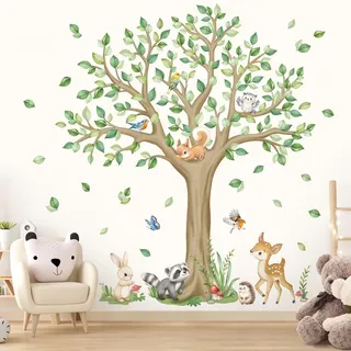 wondever Wandtattoo Waldtiere Groß Baum Wandaufkleber Hirsch Eichhörnchen Eule Wandsticker Wanddeko für Kinderzimmer Babyzimmer Badezimmer