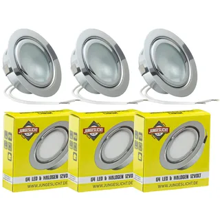 JungesLicht - Halogen Möbeleinbauleuchte 12V G4 20W, Bohrloch 55-60mm passend, Tiefe 23mm, Außendurchmesser 73mm, (Leuchtmittel inklusive, LED geeignet), dimmbar, Möbelleuchte, Spiegelleuchte, 3 Stück