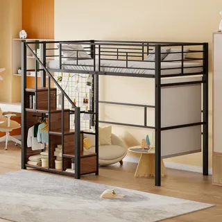 Merax Etagenbett 90x200cm mit Treppe und Kleiderstange, Hochbett mit Staufach und Geländer, Kinderbett mit Lattenrost, Jugendbett Metallbett, Schwarz - Schwarz