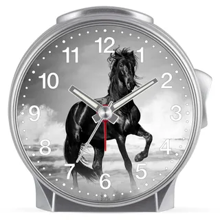 Eurotime Kinder Wecker für Mädchen mit Pferde-Motiv, Kunststoffgehäuse und Kunststoffglas, geräuscharmer Wecker, kein Ticken, mit Licht und Weckwiederholung, 29608-07