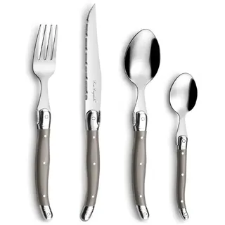 LOU LAGUIOLE TRADITION Steakmesser Besteck Set 24-teilig | Steakbesteck mit Tradition und Stil | Griffe in Taupe | Wellenschliff Messer | Grillbesteck Set | Scharfe Messer | Besteck Set 6 Personen