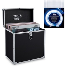 VINYL BUDDY 12" Aluminium-Schallplattenkoffer, für bis zu 40 LPs, inklusive 40x 12-Zoll-Äußere Schallplattenhüllen (Schwarz)