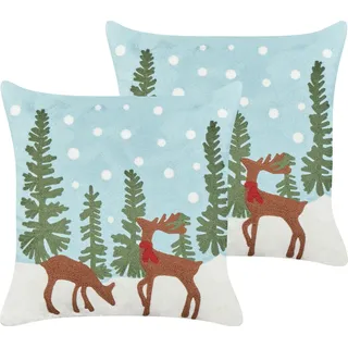 BELIANI Dekokissen 2er Set Hellblau Baumwollbezug mit Füllung 45x45 cm Weihnachtsmotiv Rentiere Schneeflocken Bestickt Wohnzimmer Schlafzimmer - Blau, Grün, Braun, Weiß